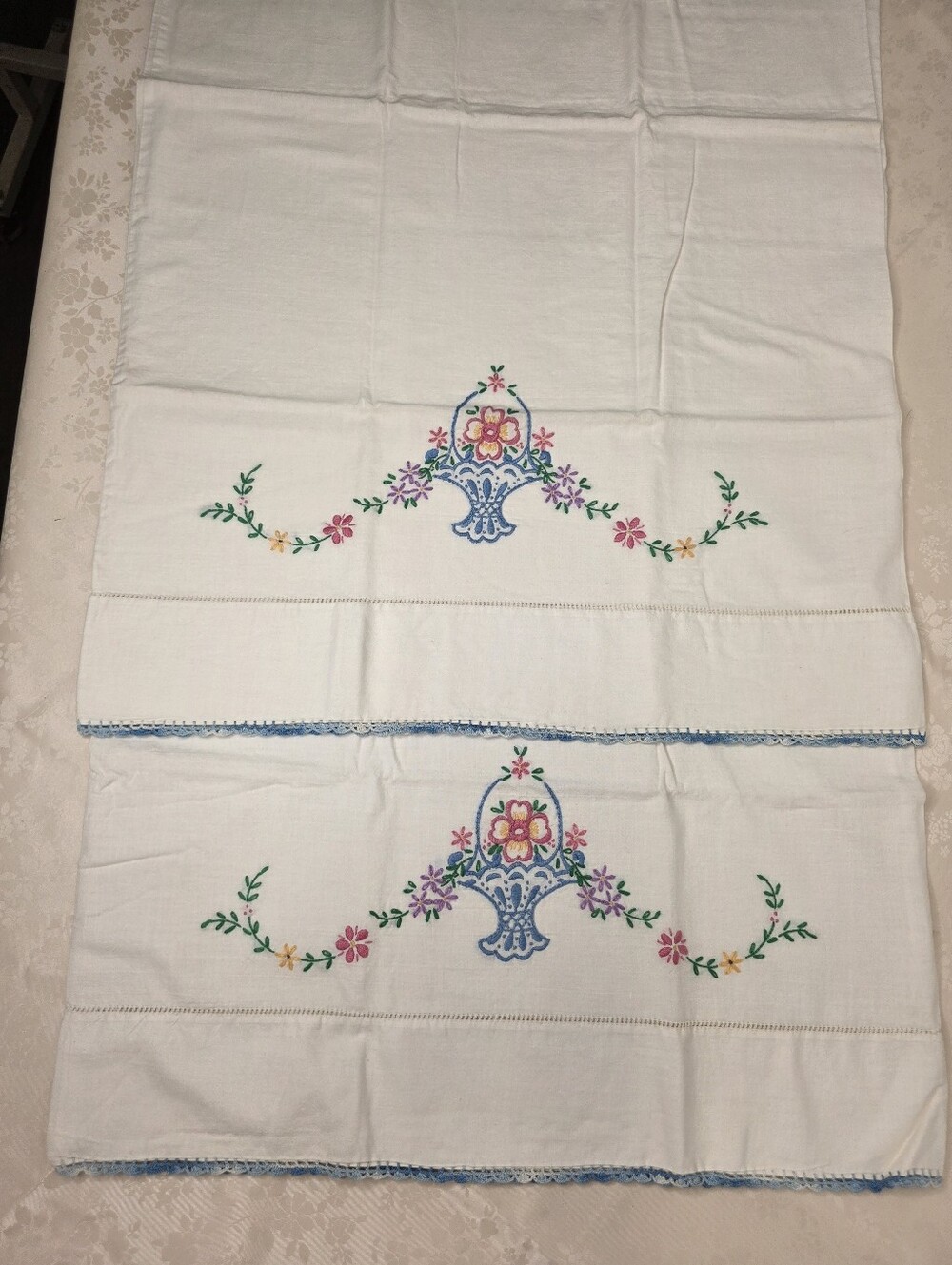 VTG Hand Embroidered Pillowcases Set Floral Basket Blue Lace Trim Upcycle